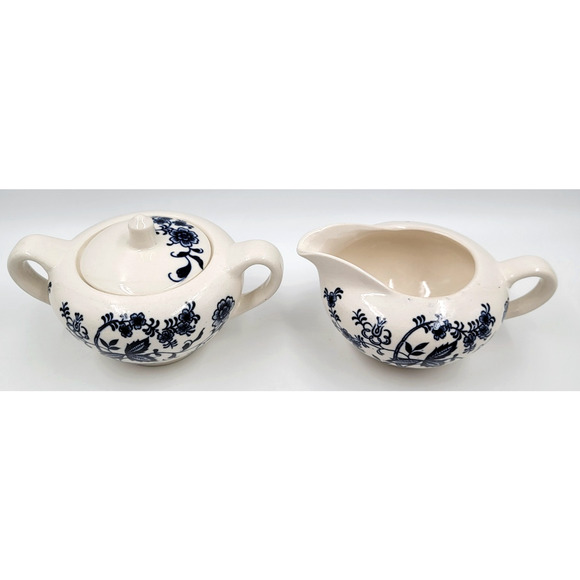 Blue Onion Creamer & Sugar Bowl Set Japan Earthenware Innerband Floral 1950 60's - Picture 4 of 6